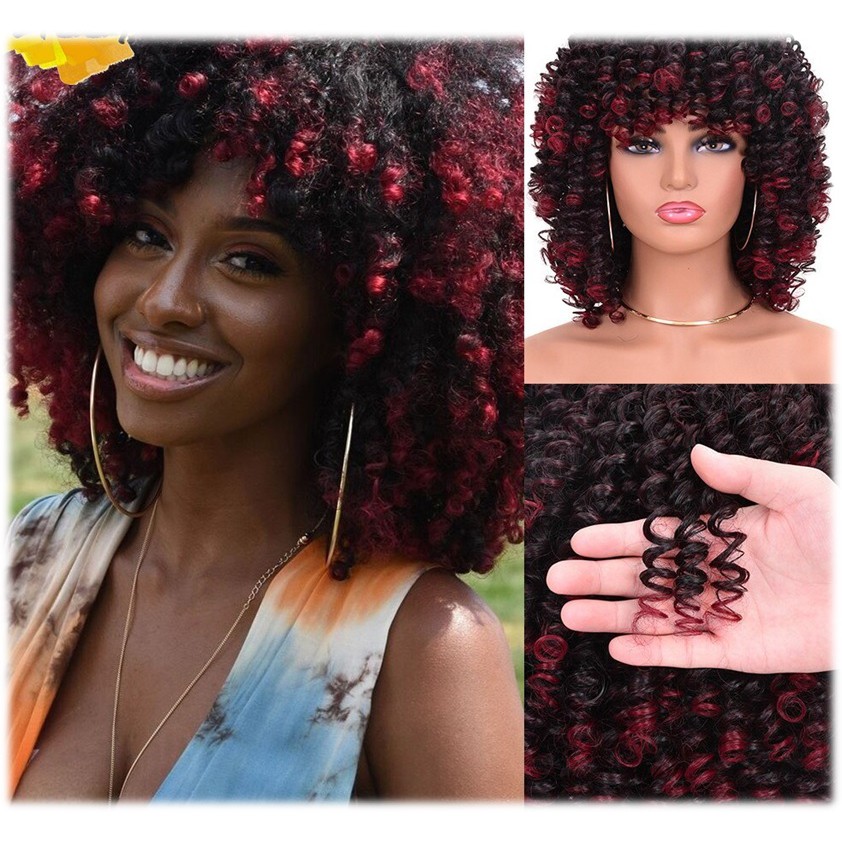 Peruca Wig Cacheada Crespa Afro Preta Mechas Vermelhas Shopee Brasil