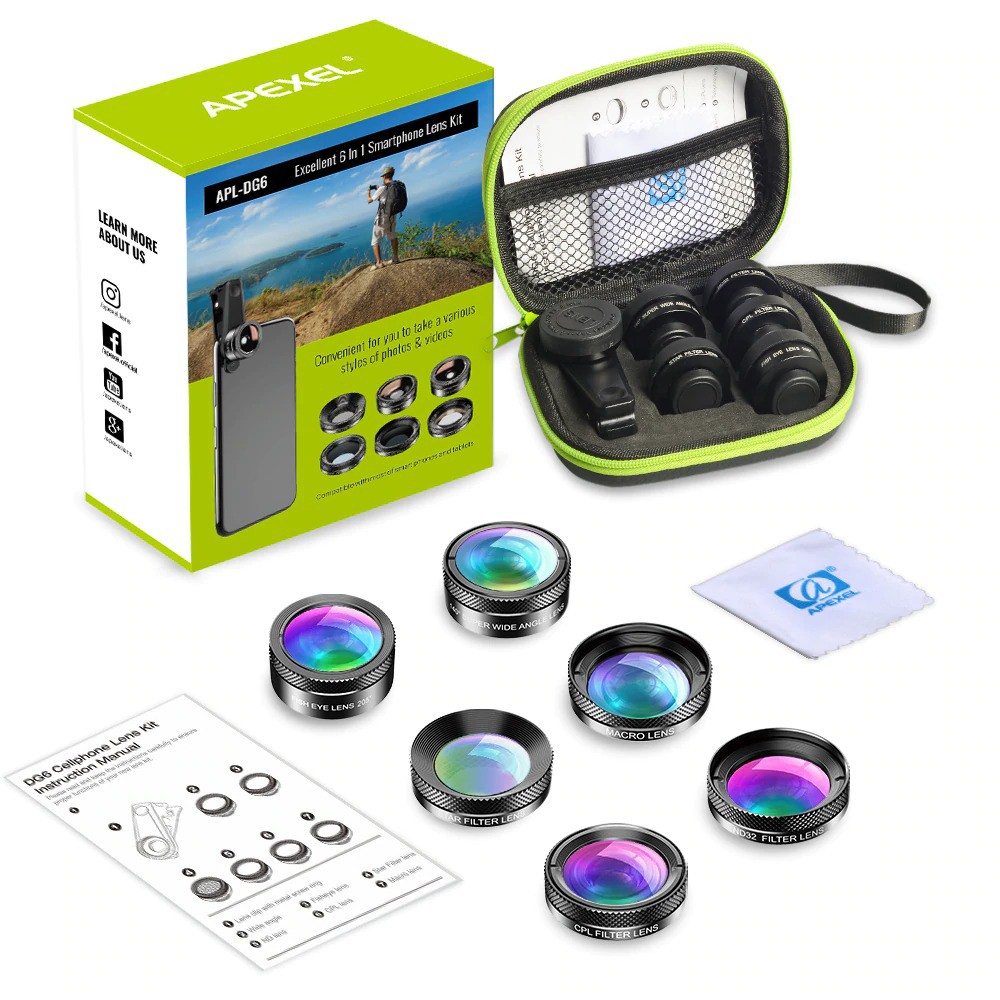 Kit 6 Lentes Para Celular Apexel Smartphones Câmera Fisheye Macro Wide