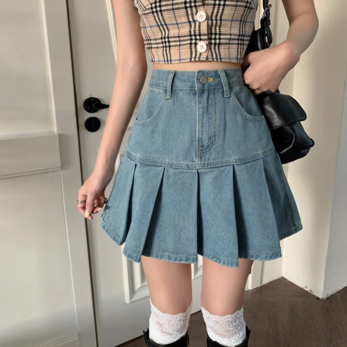 Saias De Jeans Femininas De Verão Plissadas De Cintura Alta Harajuku