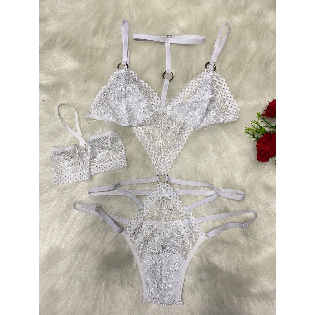 Body Sensual Em Renda Lingerie Algemas E Argolas Chocker Shopee Brasil