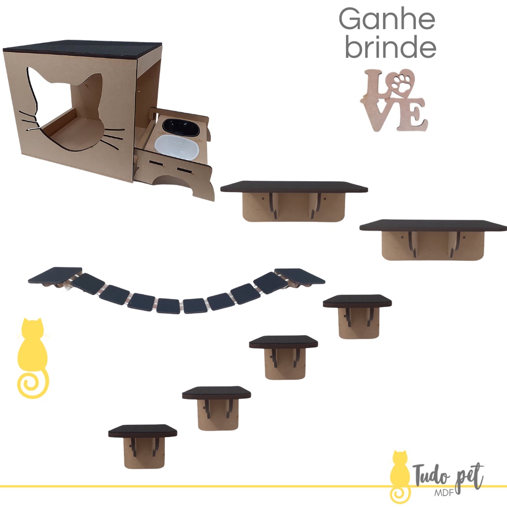 Kit Playground Para Gato 9 Peças Mdf Carpete Toca Casa Casinha Para