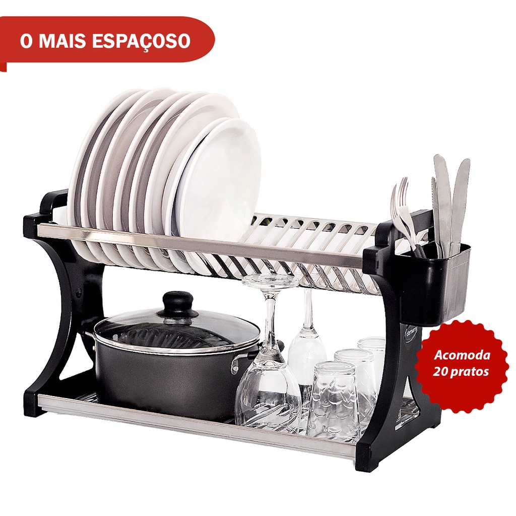 Escorredor De Pratos Alto Preto Inox 20 Pratos Shopee Brasil