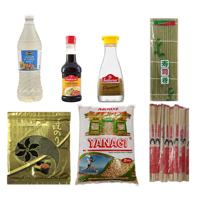 Kit Sushi Itens Arroz Kg Vinagre Shoyu Molheira Nori