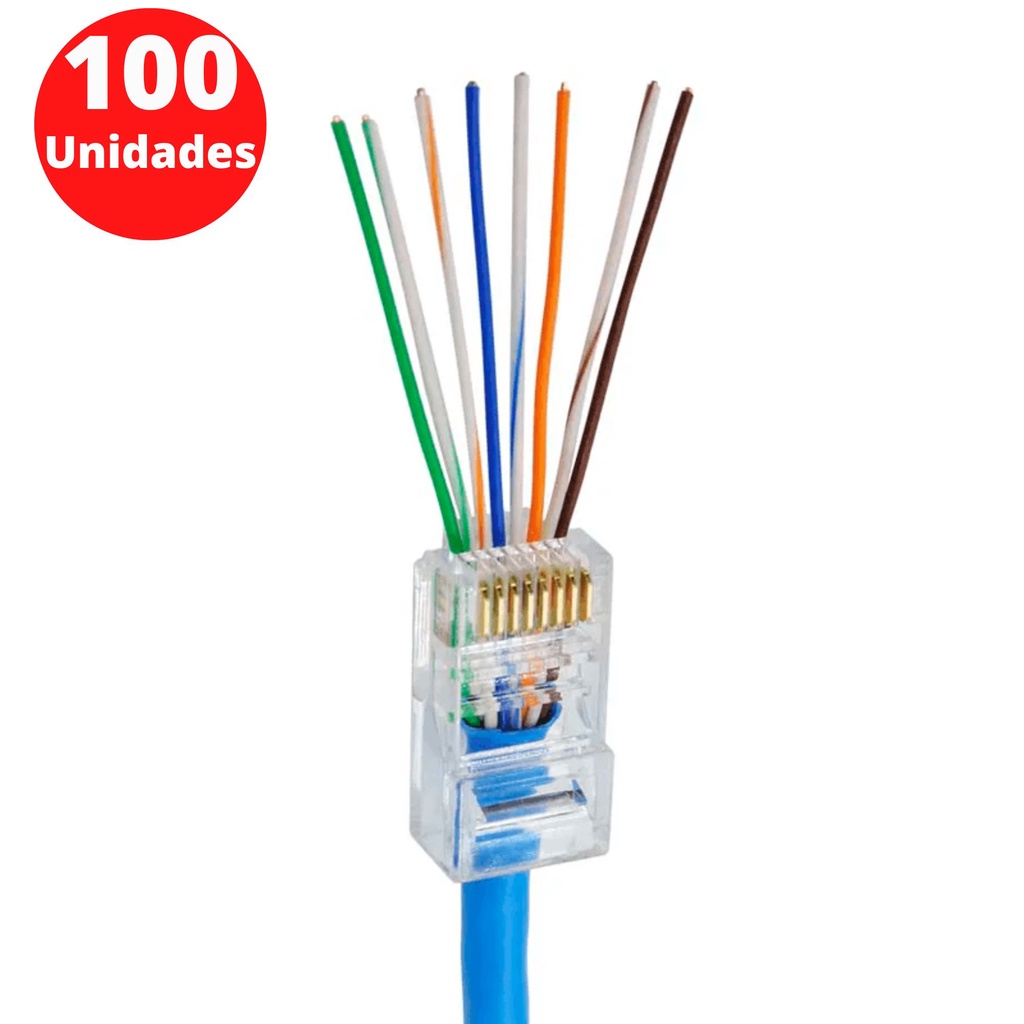 Conector Vazado Plug Lan Rj45 Passagem Cat5e Ez Vazado Transparente