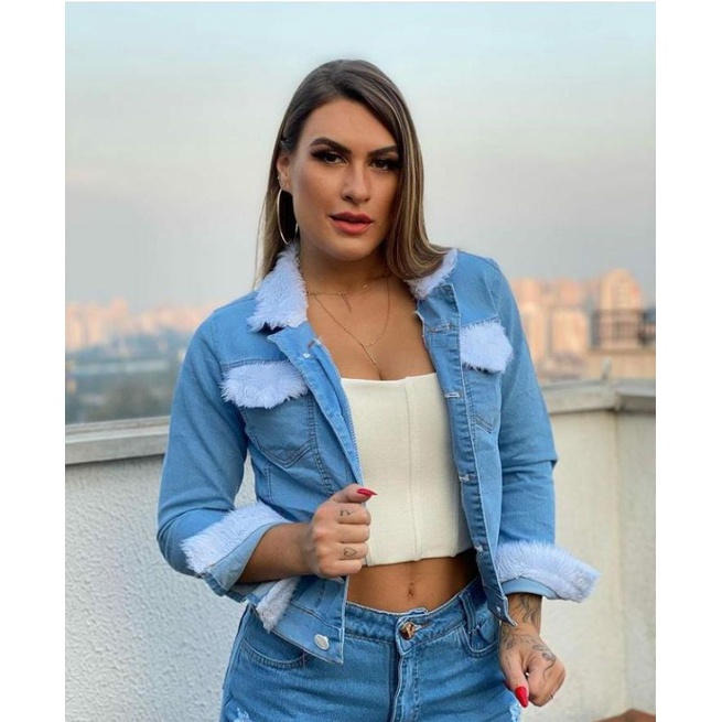 Jaqueta Feminina Jeans Pelinho Na Gola Lycra Shopee Brasil