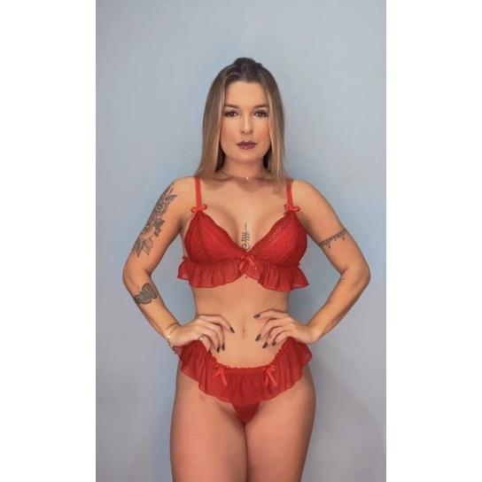 Conjunto Babado lingerie sexy transparente tule calcinha e sutiã SEXY