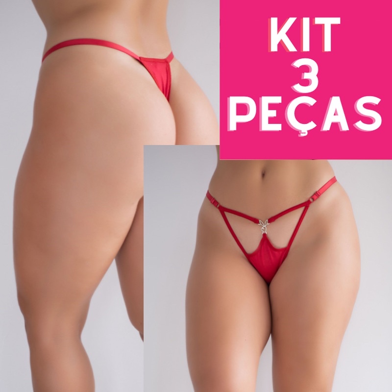 Kit 3 Calcinha Tanga Vazada Fio Dental Pingente Strass Playboy Sexy