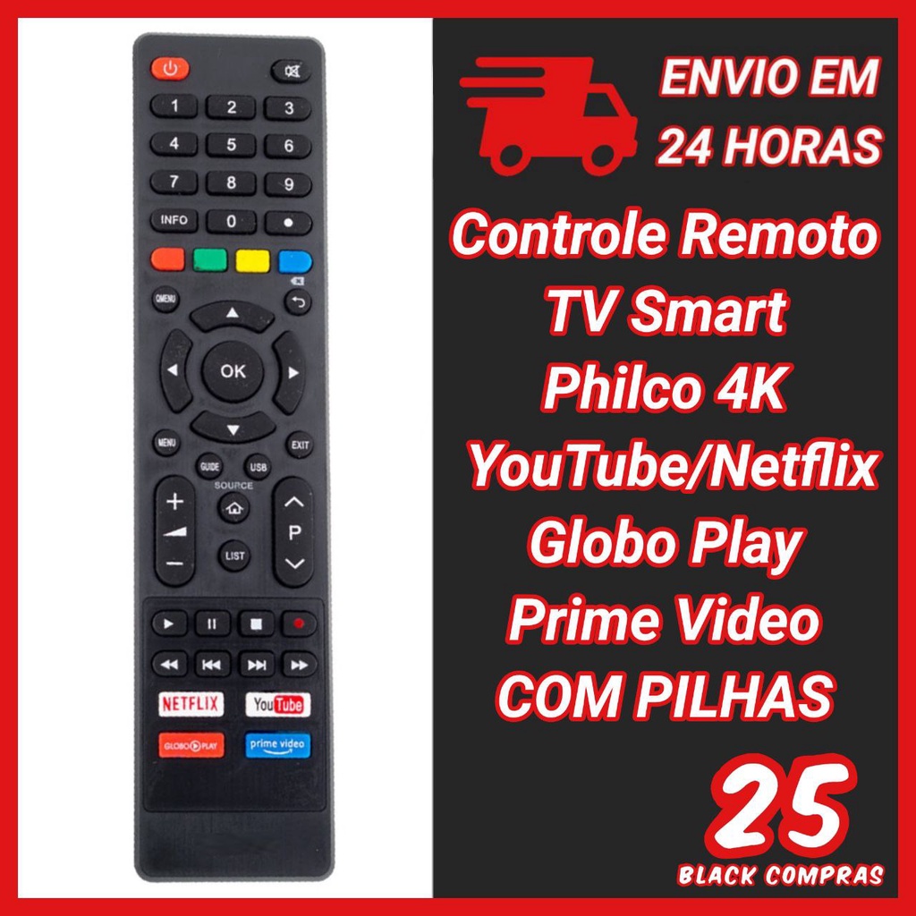 7250 CONTROLE REMOTO TV SMART PHILCO 4K YOUTUBE NETFLIX GLOBOPLAY