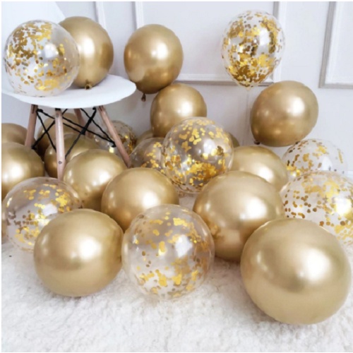 Kit 10 Bexiga Balão Dourado Metalizado e Cristal Confetes