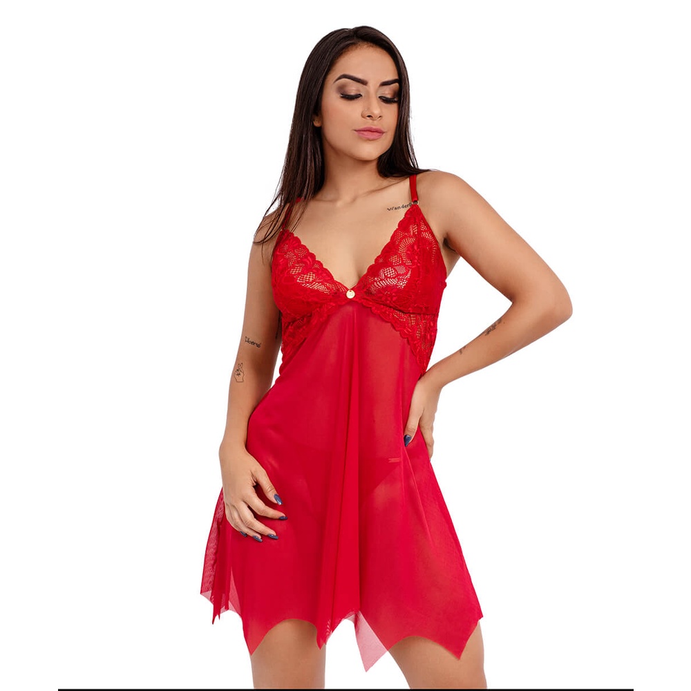 Camisola IMI Lingerie Sem Bojo Em Tule E Renda Calcinha Fio Dental