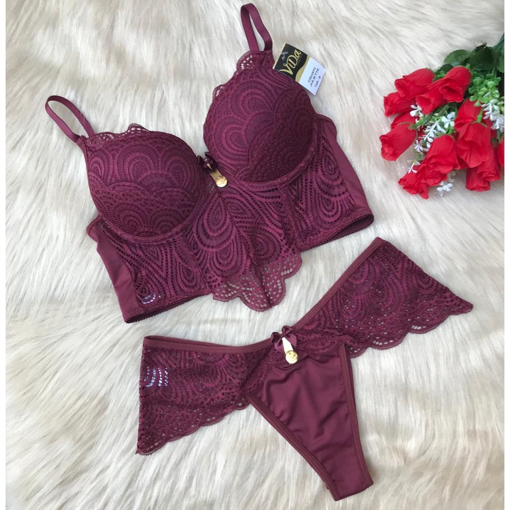 Kit 3 Conjunto Lingerie Bojo Luxo Cropped Renda Aro