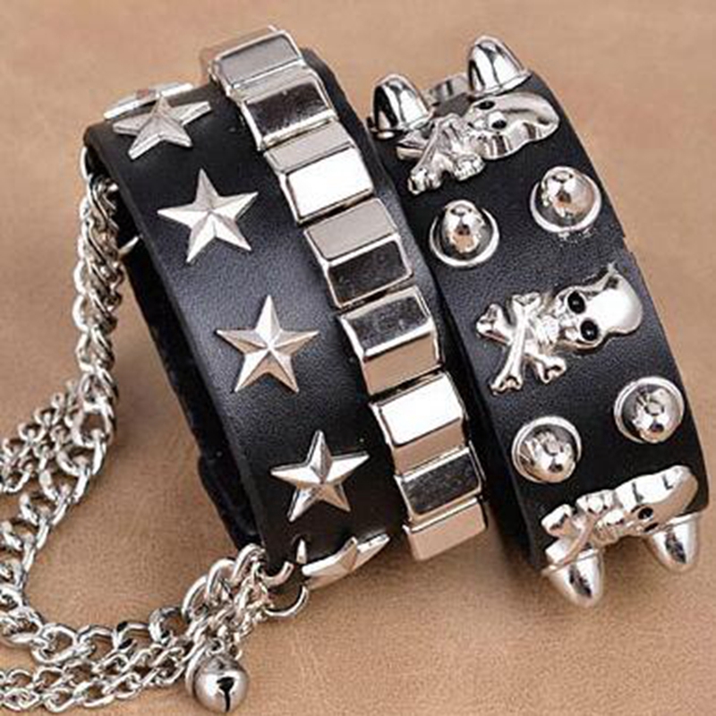 Pulseira Masculina De Couro Multilayer Skull Bracelet Moda De A O