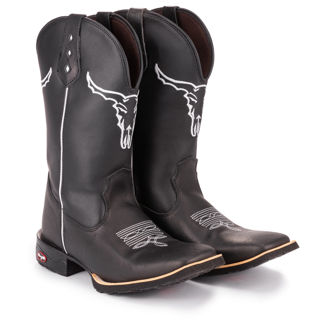 Bota Texana Country Masculina Cara De Boi Black Bico Quadrado Em Couro