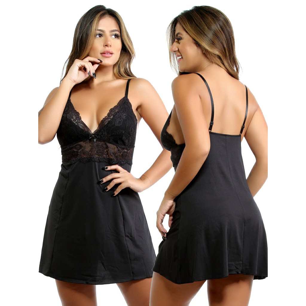 Camisola Preta Victoria Lingerie Sem Bojo Calcinha Fio Dental