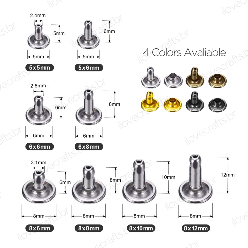 100 Conjuntos Rebites Duplos Pregos Para Artesanato De Couro 5mm 6mm