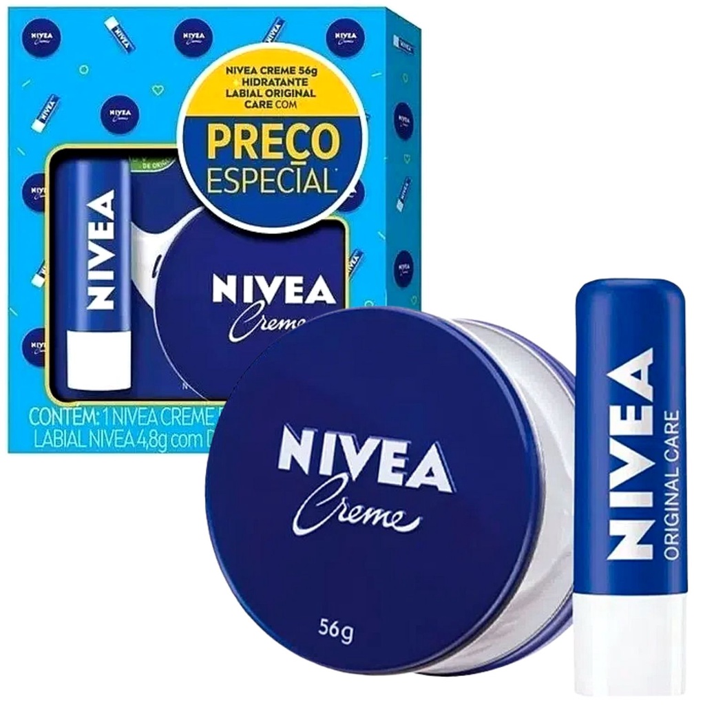 Kit Creme Nivea Lata Azul E Hidratante Protetor Labial Original Care