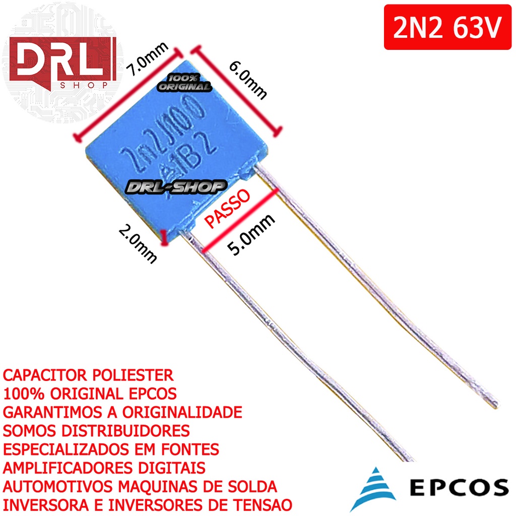 Kit 10 Capacitor Poliester 2n2 63v 2 2nf Epcos 222j 5mm Shopee Brasil