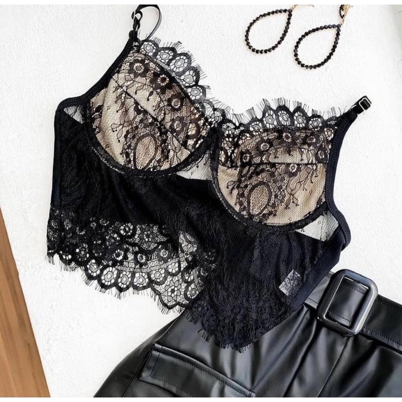Cropped Renda Moda Blogueira Tumblr Lingerie Elegante Preto Branco