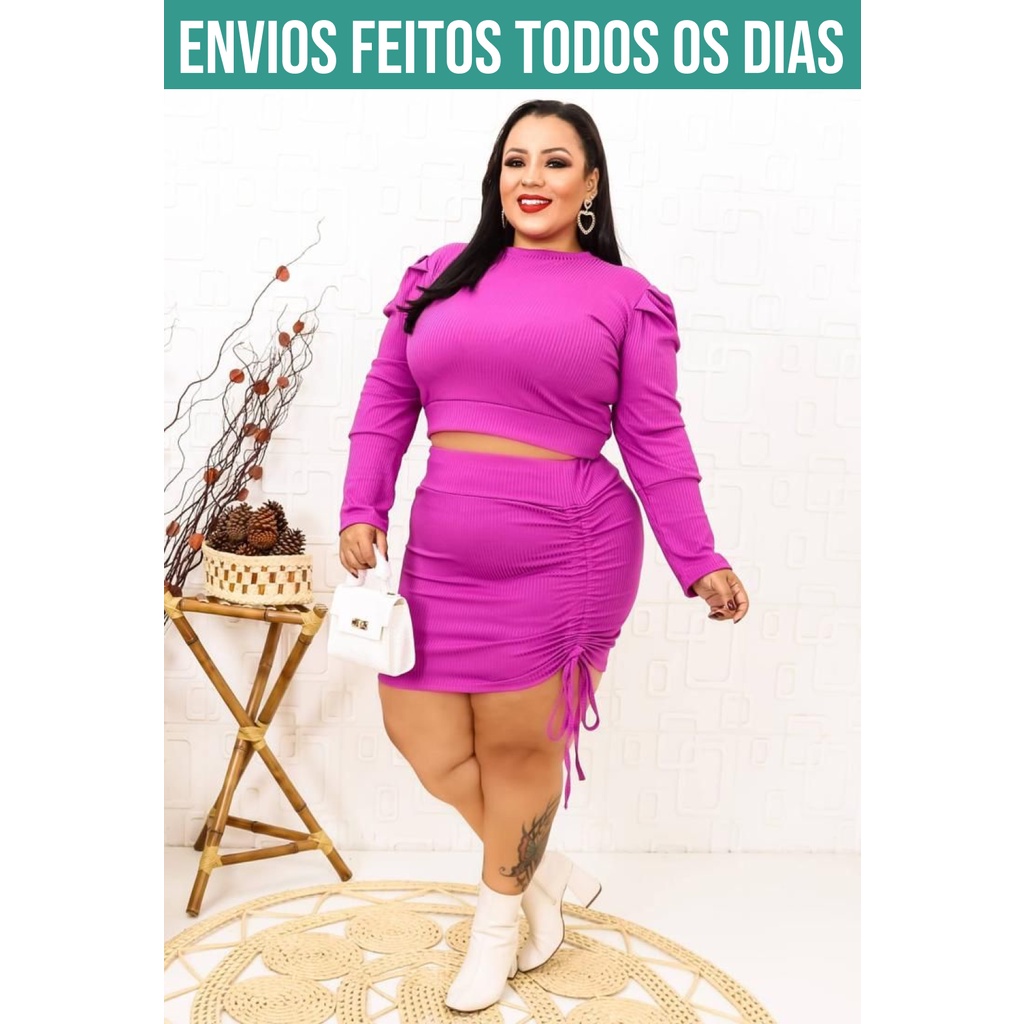 Conjunto Feminino Plus Size Saia Tubinho Curta Ajust Vel Cropped Manga