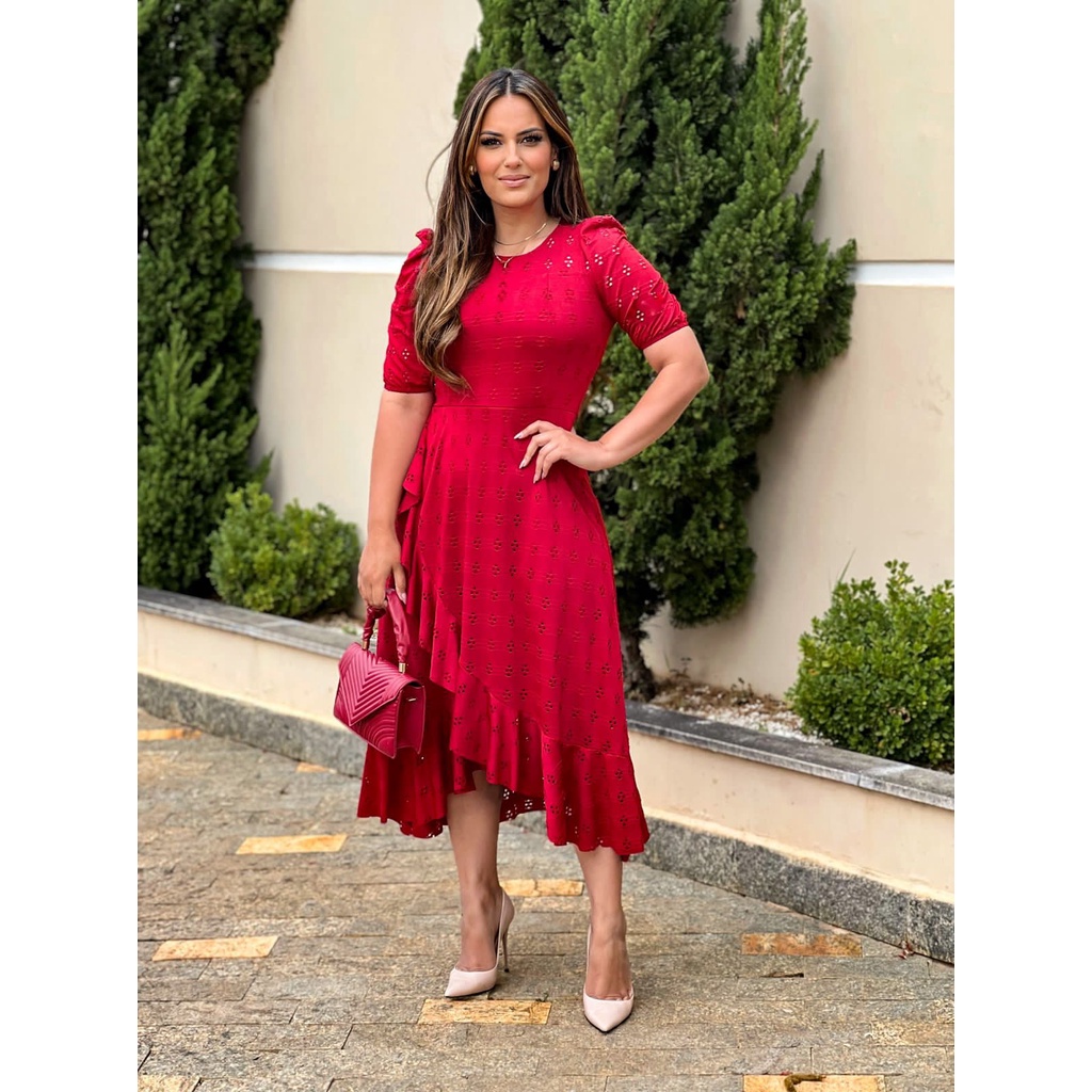 Vestido Midi Em Malha Lese Babado Moda Feminina Shopee Brasil