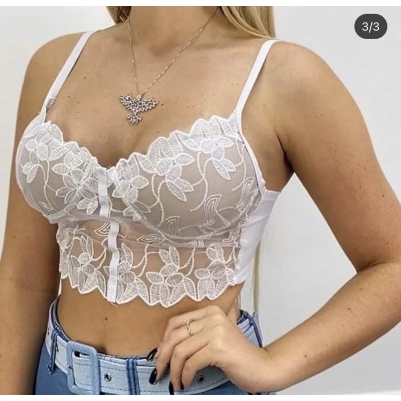 Cropped Renda Tule De Flor Bojo Fundo Nude Marcado Shopee Brasil