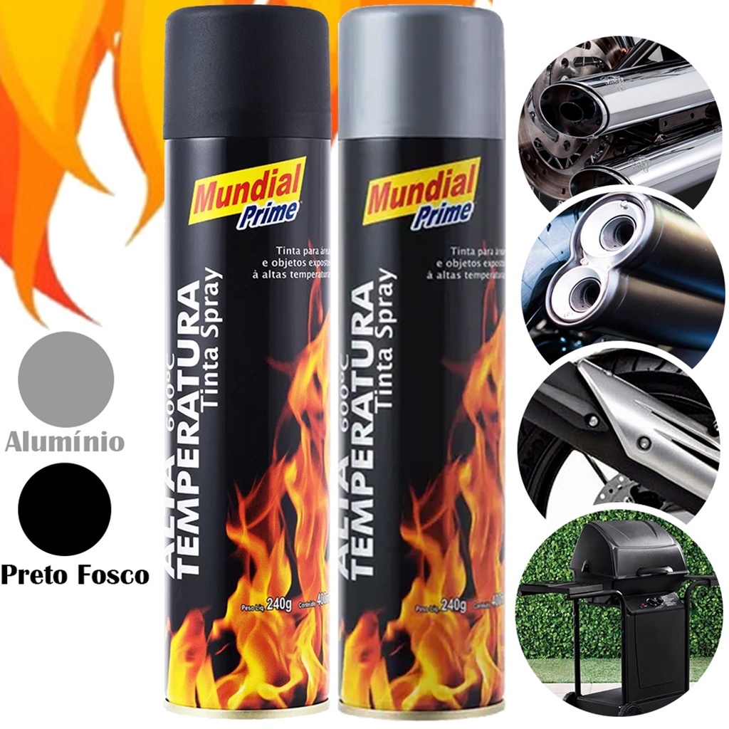 Tinta Spray Alta Temperatura Preto Fosco Aluminio 400ml MUNDIAL PRIME