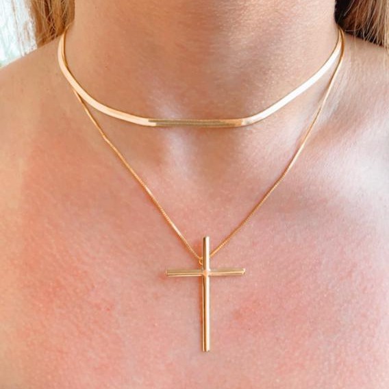 Colar Corrente Crucifixo Cruz Feminino Ouro 18k Choker Fio Liso