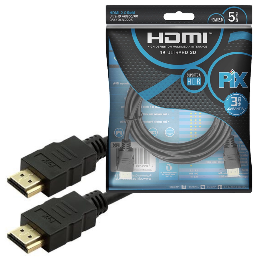 Cabo Hdmi 2 0 Gold 4k 3d UltraHd Hdr 19 Pinos Chip 5 Metros 018 2225