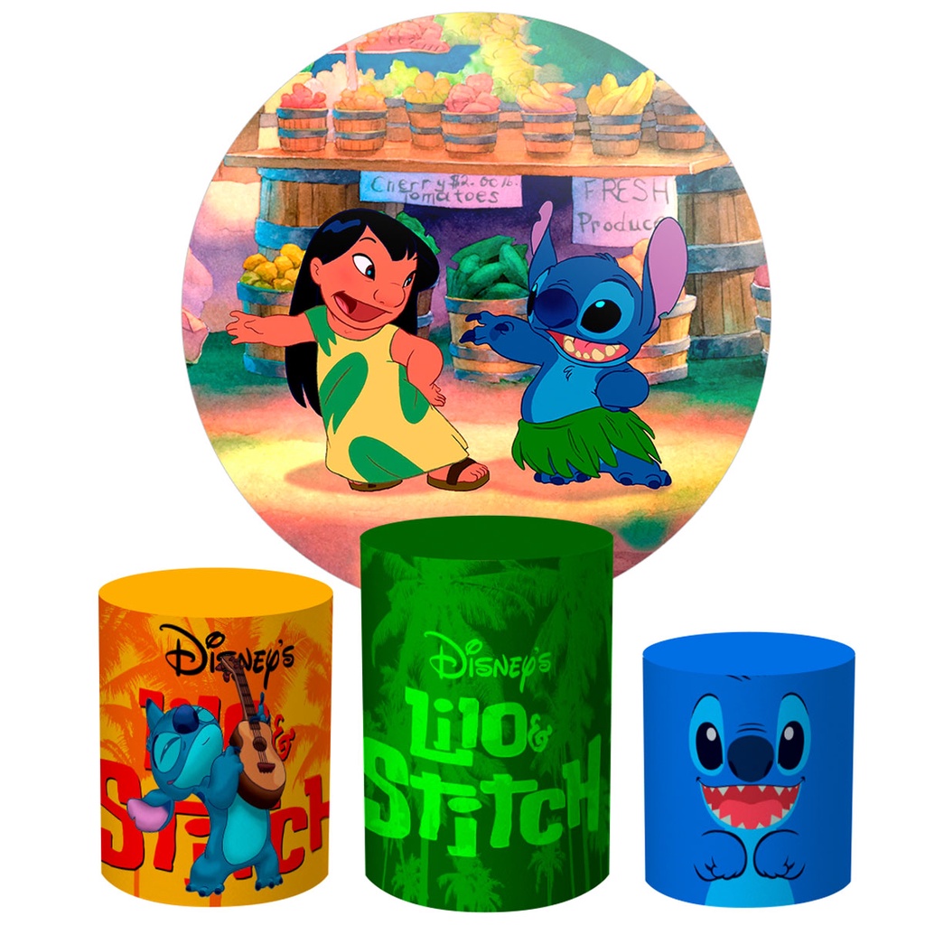 Kit De Festa Painel Redondo Lilo Stitch Trio Capa De Cilindro Veste