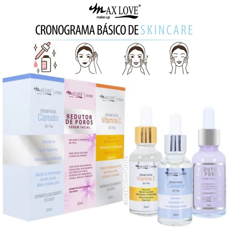 Kit Sérum 1 Vitamina C 1 Clareador 1 Redutor de Poros Skincare Max