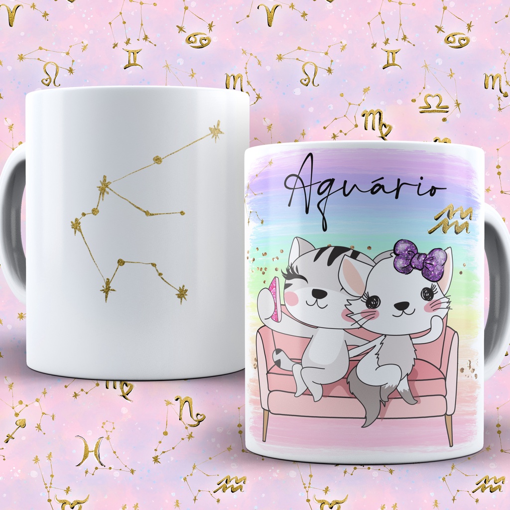 Caneca Personalizada Gatinhos Zodiaco De Porcelana Branca Ml