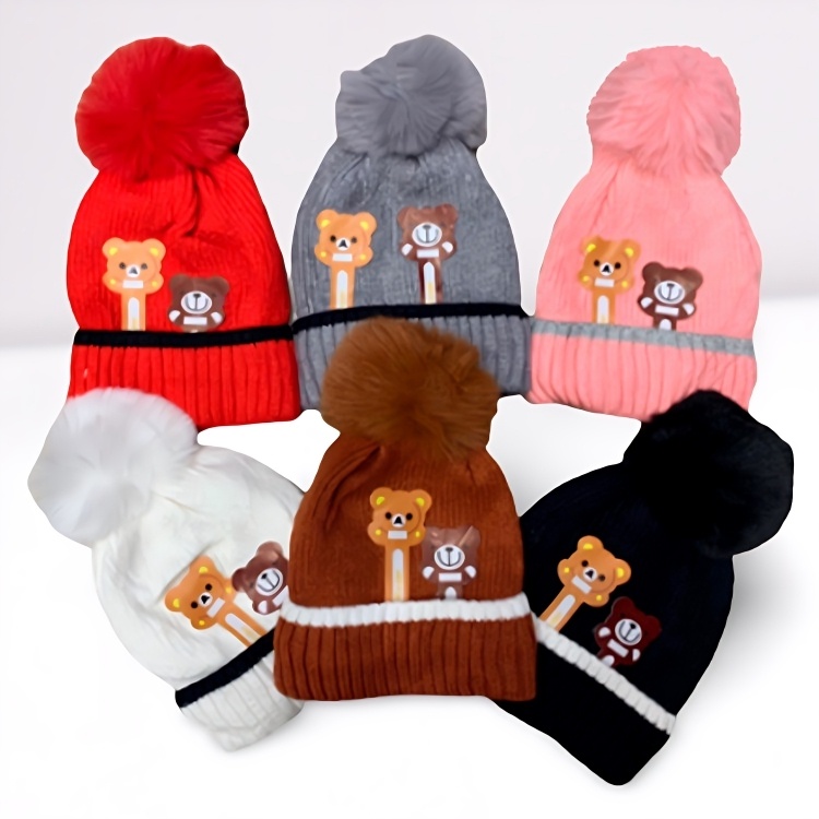 Touca Infantil Gorro Forrada Pompom Estampa Urso Quentinha Frio