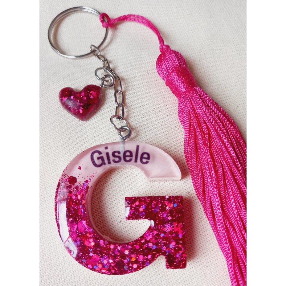 Chaveiro De Resina Letra Personalizado Tassel E Nome Gliter