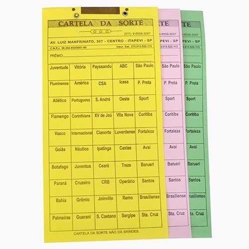 Cartela De Rifa 100 Times Pacote 10 Cartelas Cores Variadas