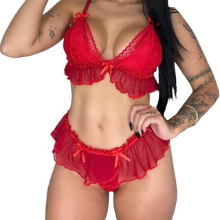 Conjunto Babado lingerie sexy transparente tule calcinha e sutiã SEXY