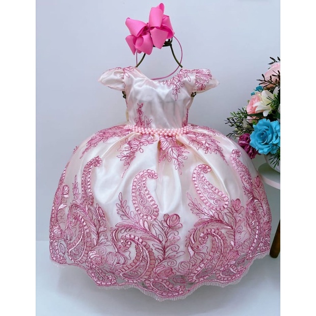 Vestido Rosa Bege Infantil Modelo Realeza Todo Em Renda Perfeito