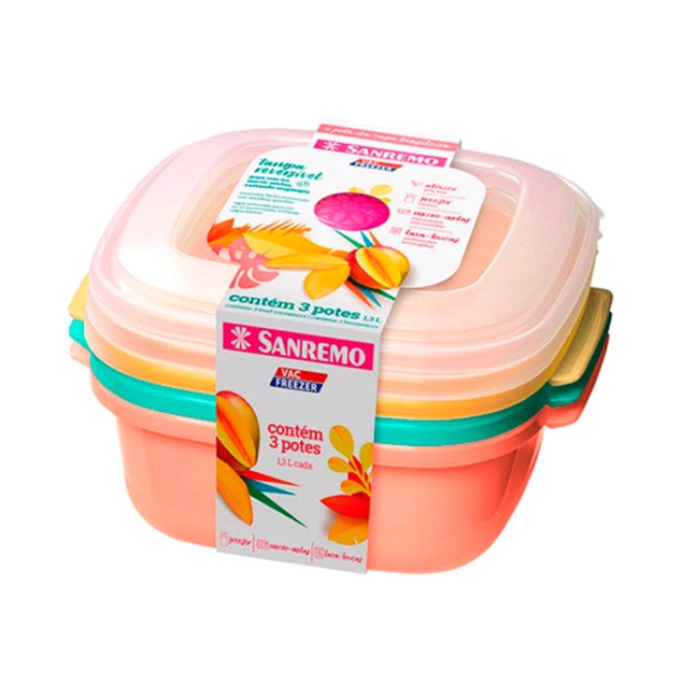 Kit 3 Potes Plástico Coloridos 1 3 Litros Sanremo Vai No Freezer