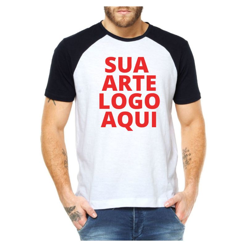 Camiseta Raglan Branco Manga Preta Personalizada Sua Arte Em