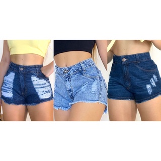 Shorts Jeans Feminino Cintura Alta Hot Pants Destroyed Desfiado Na Perna C S Alto Moda Blogueira