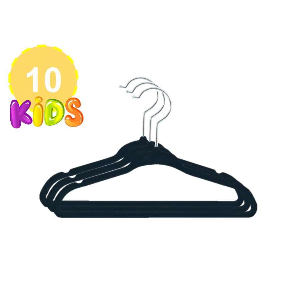 Kit 10 Cabides De Veludo Infantil Ultrafinos Antideslizante Slim Preto