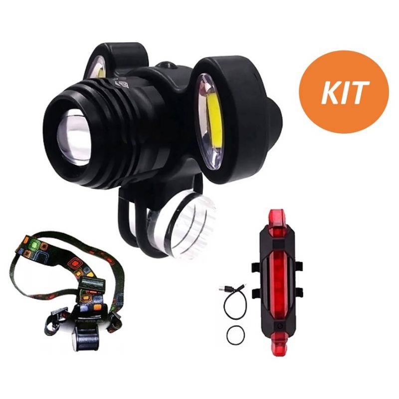 Kit Farol Lanterna Leds Recarreg Vel Led T Bike Super Potente