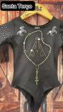 Body Infantil Manga Longa Strass Preto Country E Religioso Franja