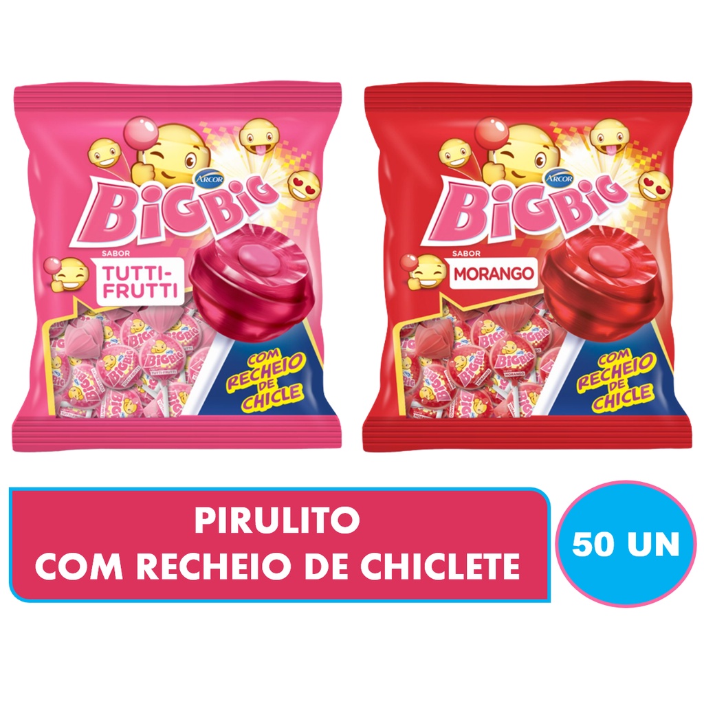 Pirulito Big Big Recheio De Chiclete Nos Sabores De Tutti Frutti