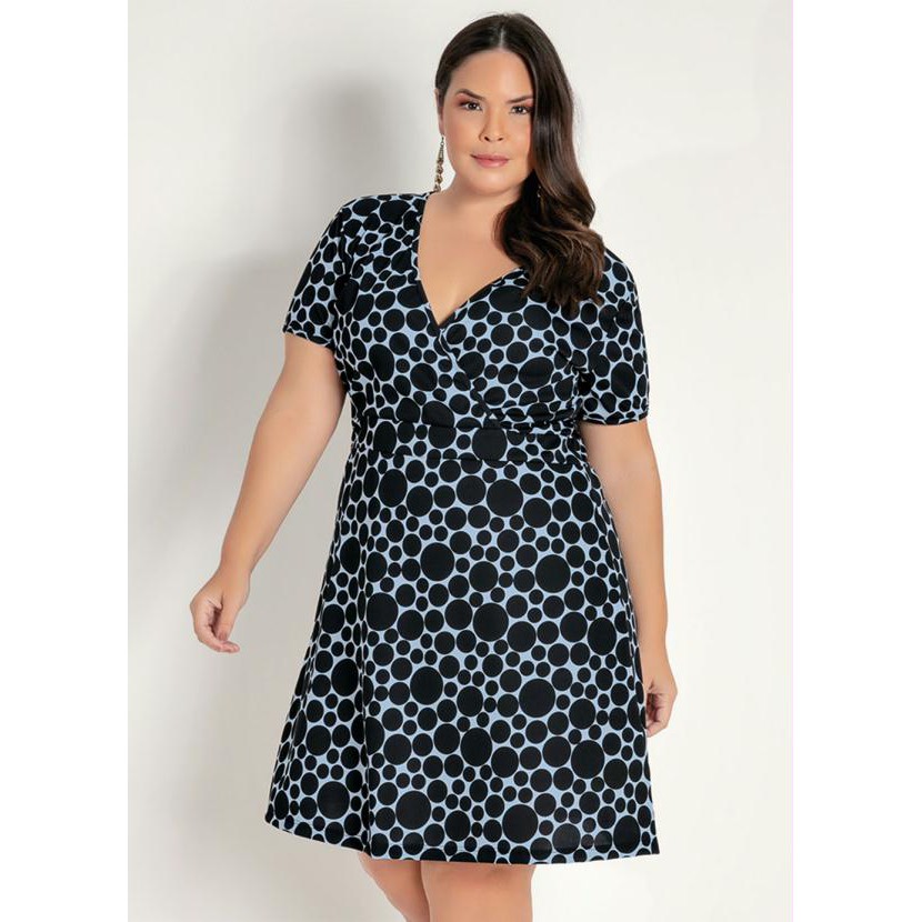 Vestido Transpassado Manga Curta Poá Azul e Preto Plus Size Evangélico