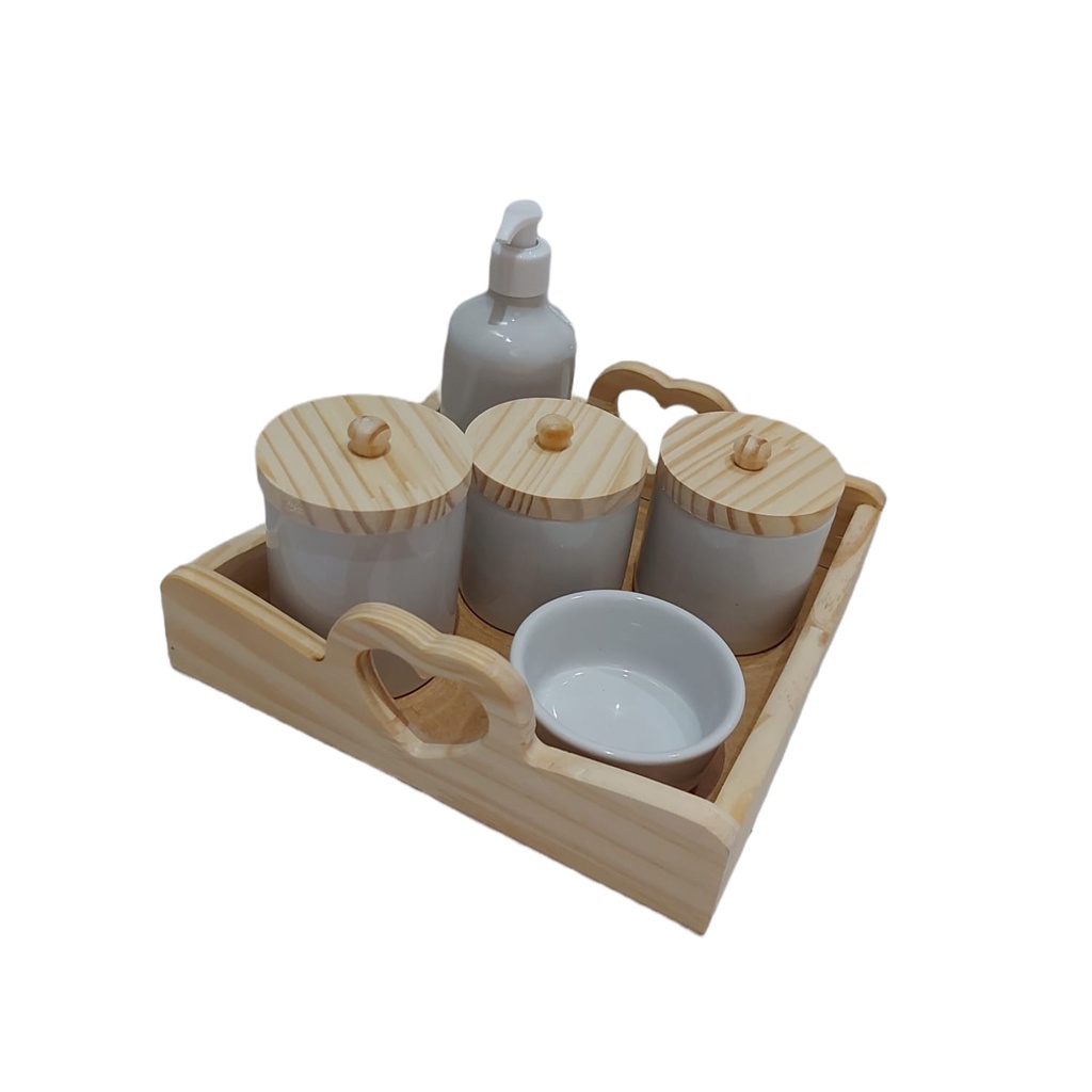 Kit Higiene Bebê Porcelana Branca 6 peças tampa e bandeja madeira