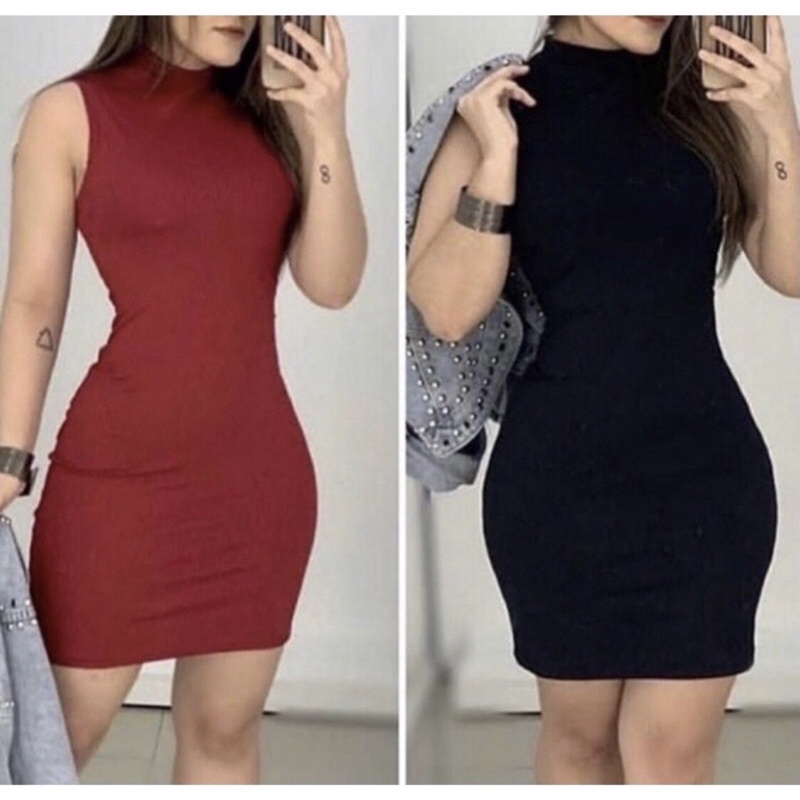 Vestido Canelado Tubinho Curto Gola Alta Shopee Brasil