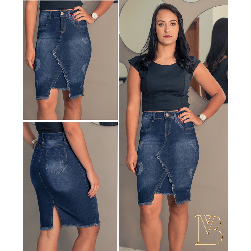 Saia Jeans Evangélica Midi C Elastano Moda Feminina Novos Modelos