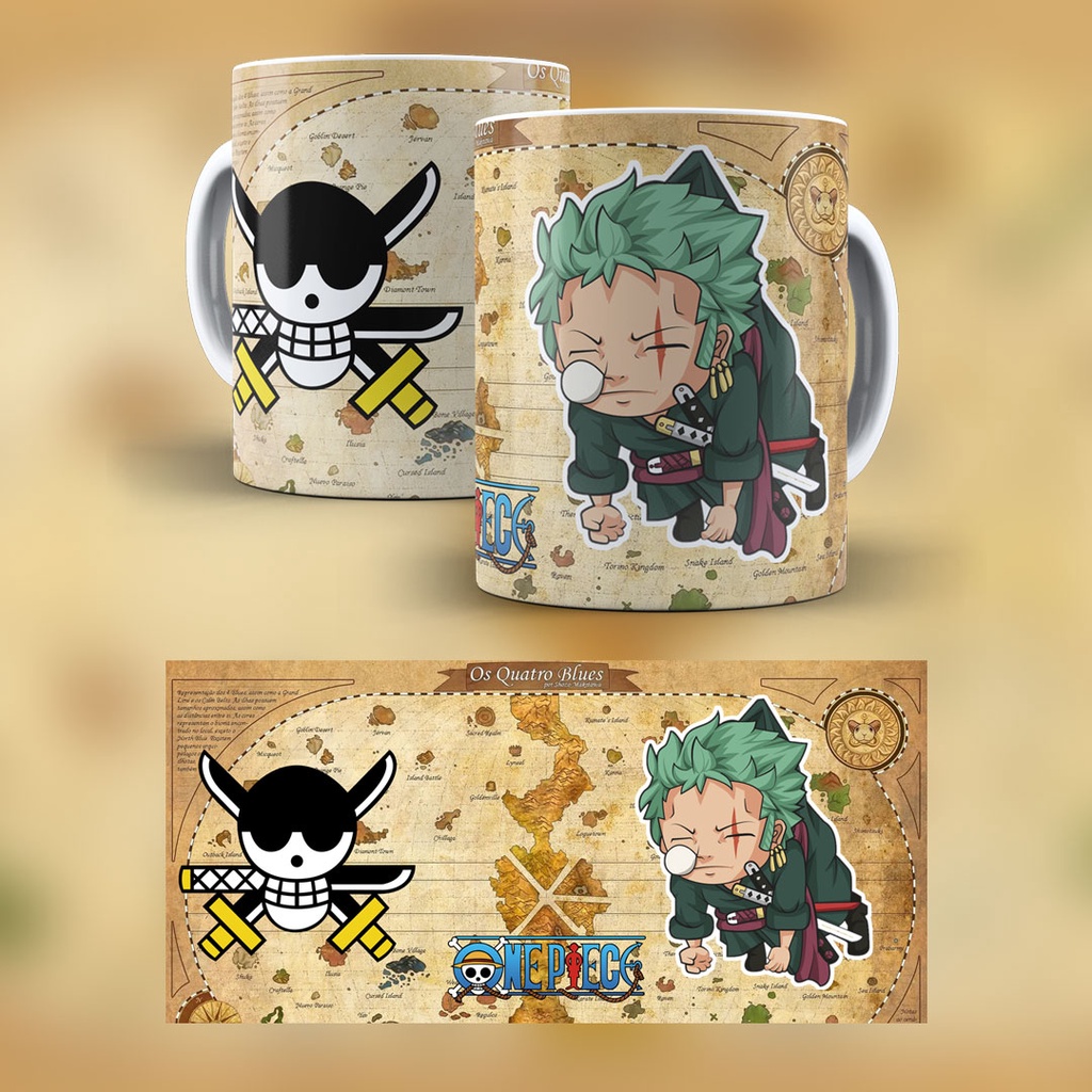 Caneca One Piece Luffy Zoro Sanji Chibi Porcelana Fundo De Mapa