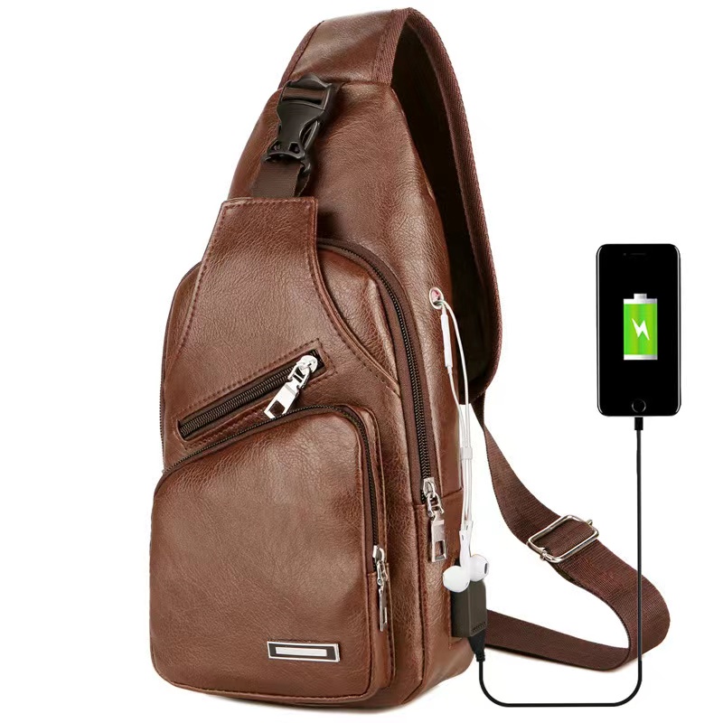 Bolsa Tiracolo Bolsa De Peito Masculina De Couro Saida Usb E Fone