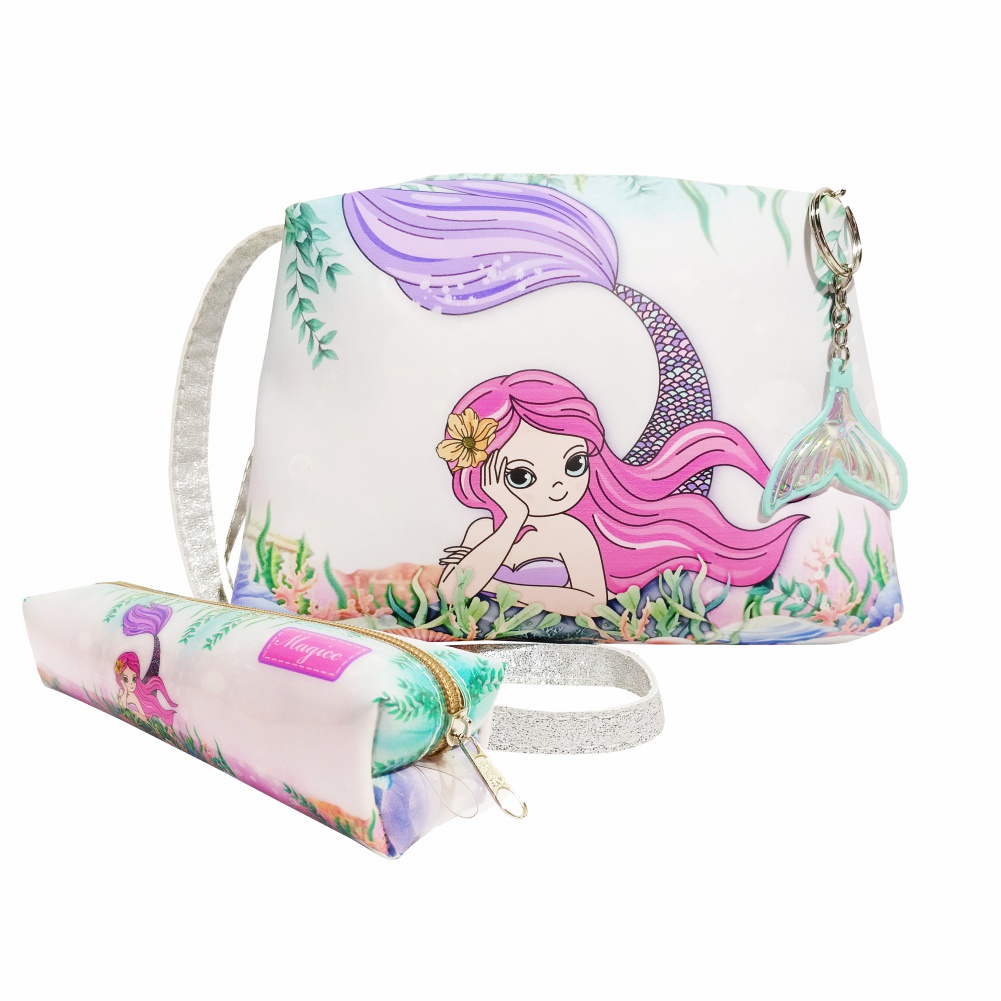 Kit Infantil Bolsa E Estojo Menina Sereia Rosa Bolsinha Infantil